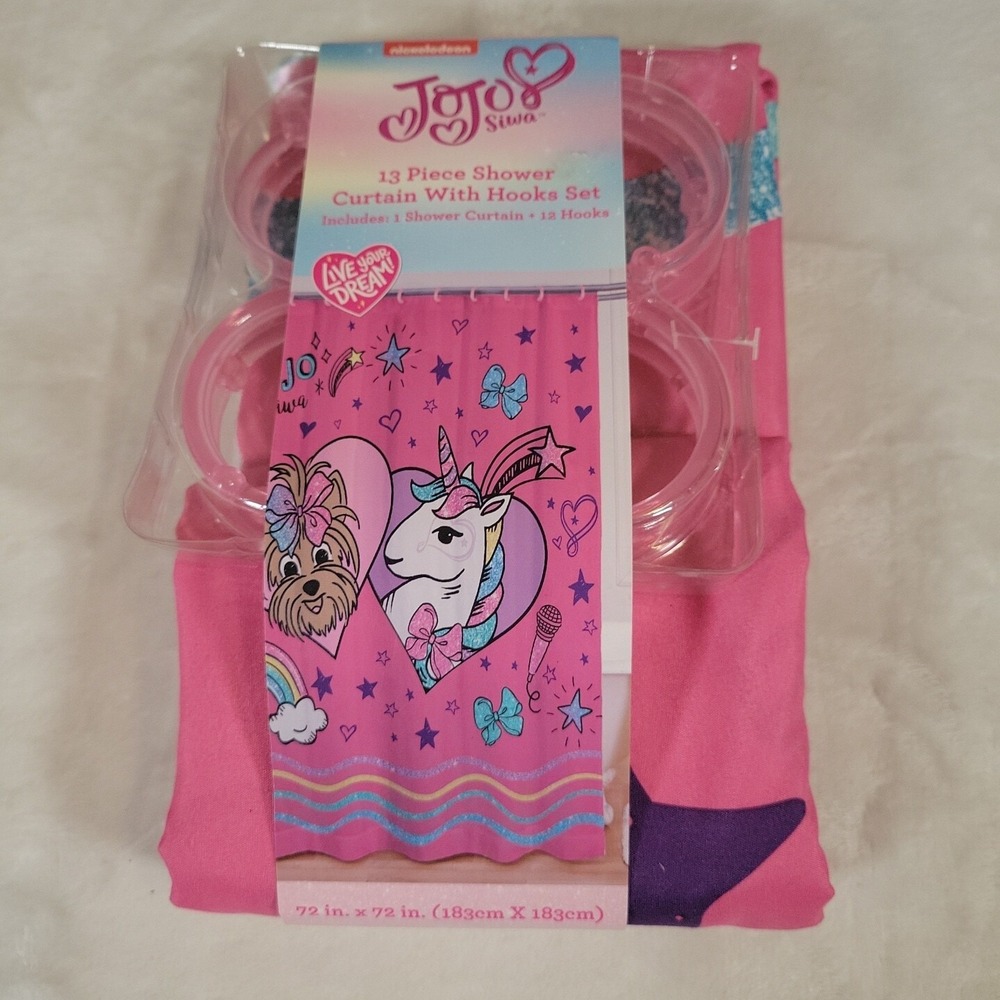 Jojo Siwa Unicorn 13 Pc. Fabric Shower Curtain w/Rings Set  72"x72" Nichelodeon